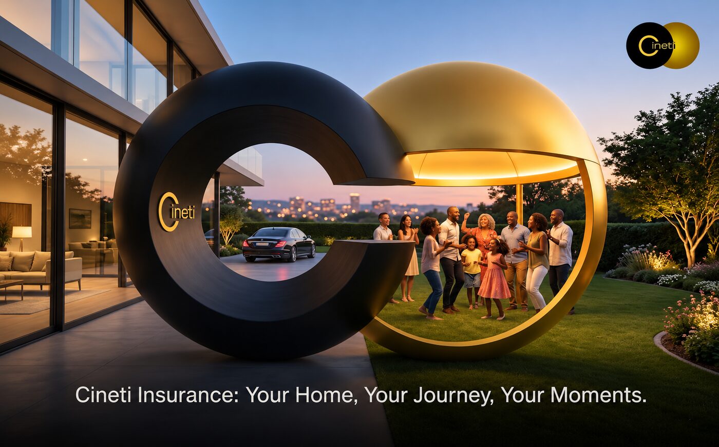 Cineti Insurance ad, &ldquo;Your Home, Your Journey, Your Moments&rdquo;: a family celebrates on a lawn at dusk inside a giant black-and-gold Cineti logo sculpture beside a modern home and luxury car