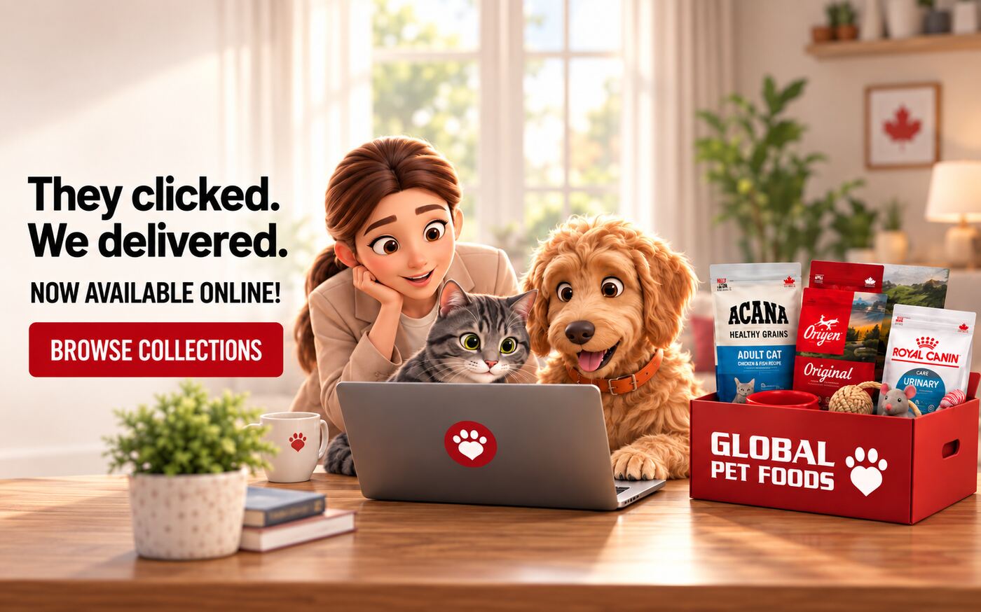 Global Pet Foods ad: a woman, cat and dog shopping on a laptop beside a red Global Pet Foods box of pet food, with the headline &ldquo;They clicked. We delivered.&rdquo;