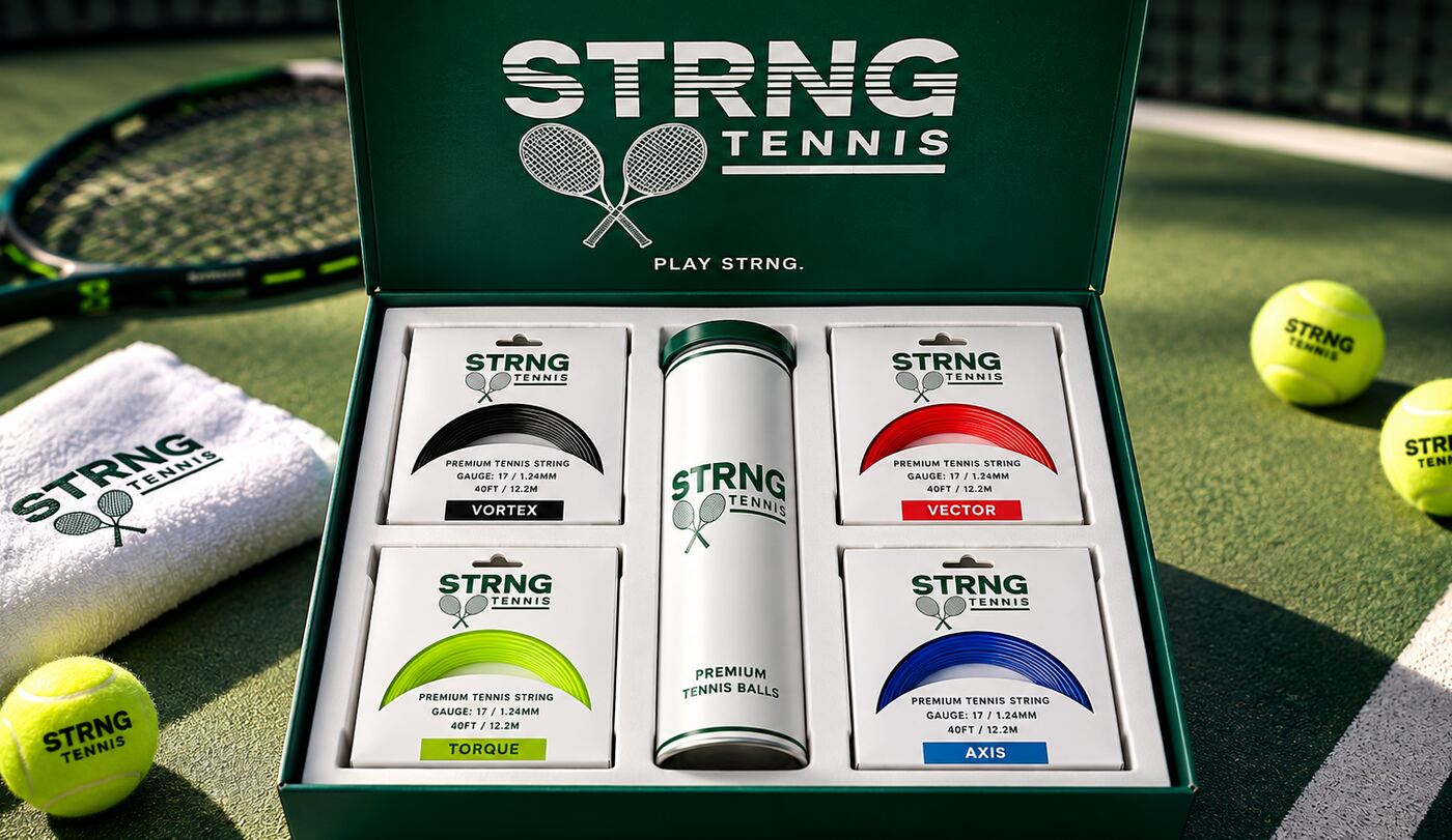 STRNG Tennis gift box open on a tennis court, holding four string packs and a can of tennis balls, with a branded towel and balls nearby